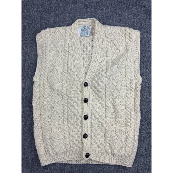 Irish Traditional Other - Irish Traditional Sweater Vest Mens Medium White Wool Cable Aran Knit Pockets